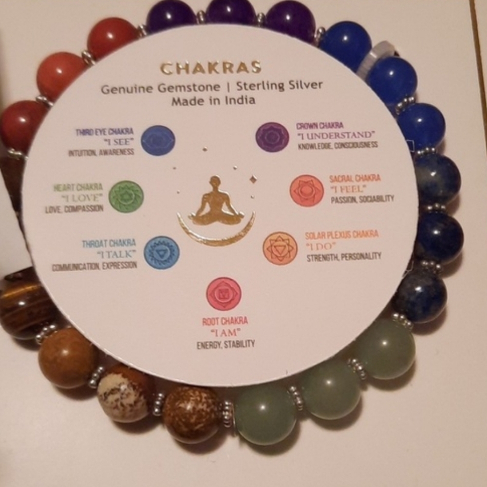 🌞🌙NWT GENUINE GEMSTONES CHAKRA STRETCHY BRACELET SOLID STERLING SILVER BEADS
